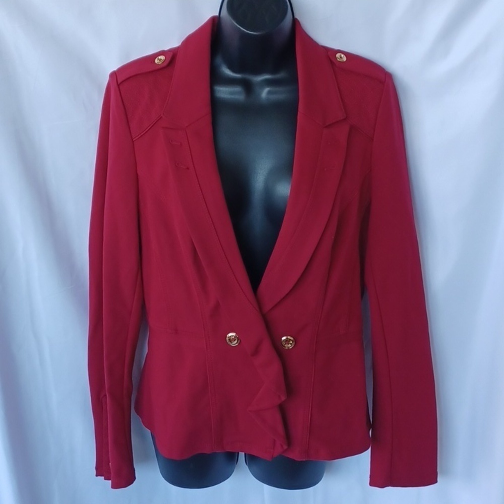 White House Black Market Blazer Jacket Womens Raspberry Gold Rayon Blend Pockets